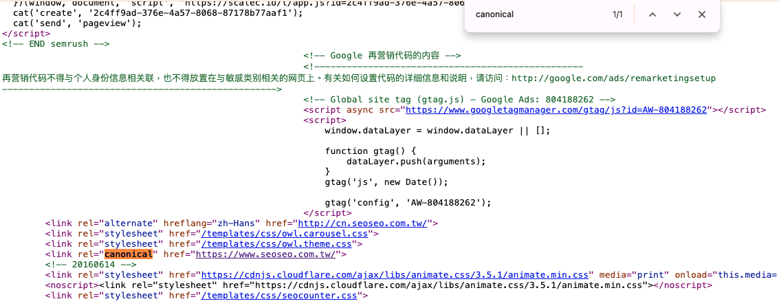 如何在網頁原始碼中查找Canonical標籤