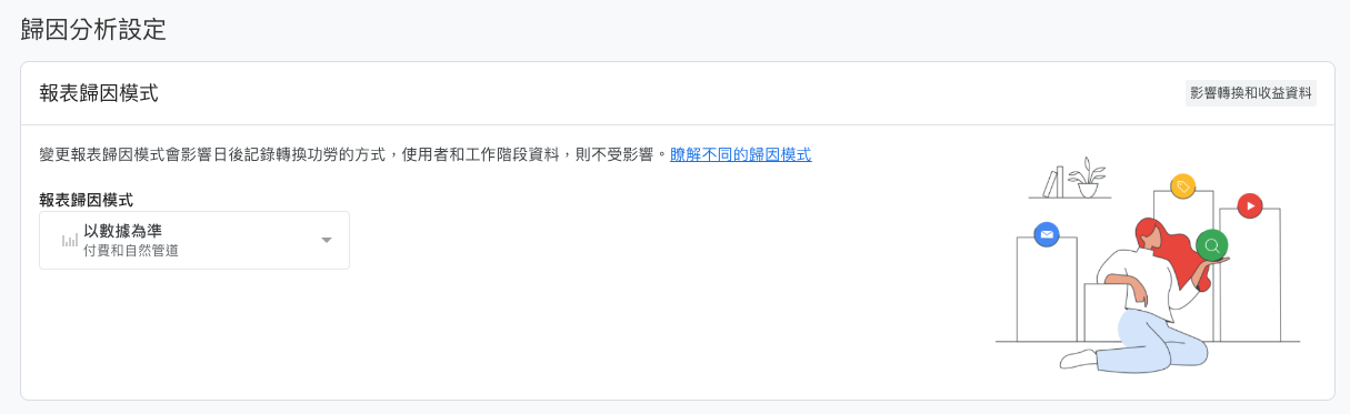 在「報表歸因模式」下拉選單中，選擇希望應用的歸因模式