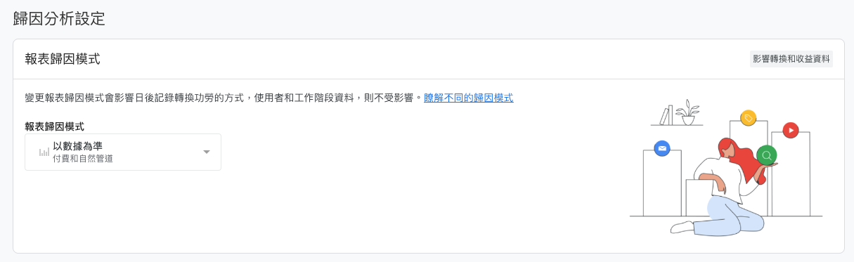 在「報表歸因模式」下拉選單中,選擇希望應用的歸因模式
