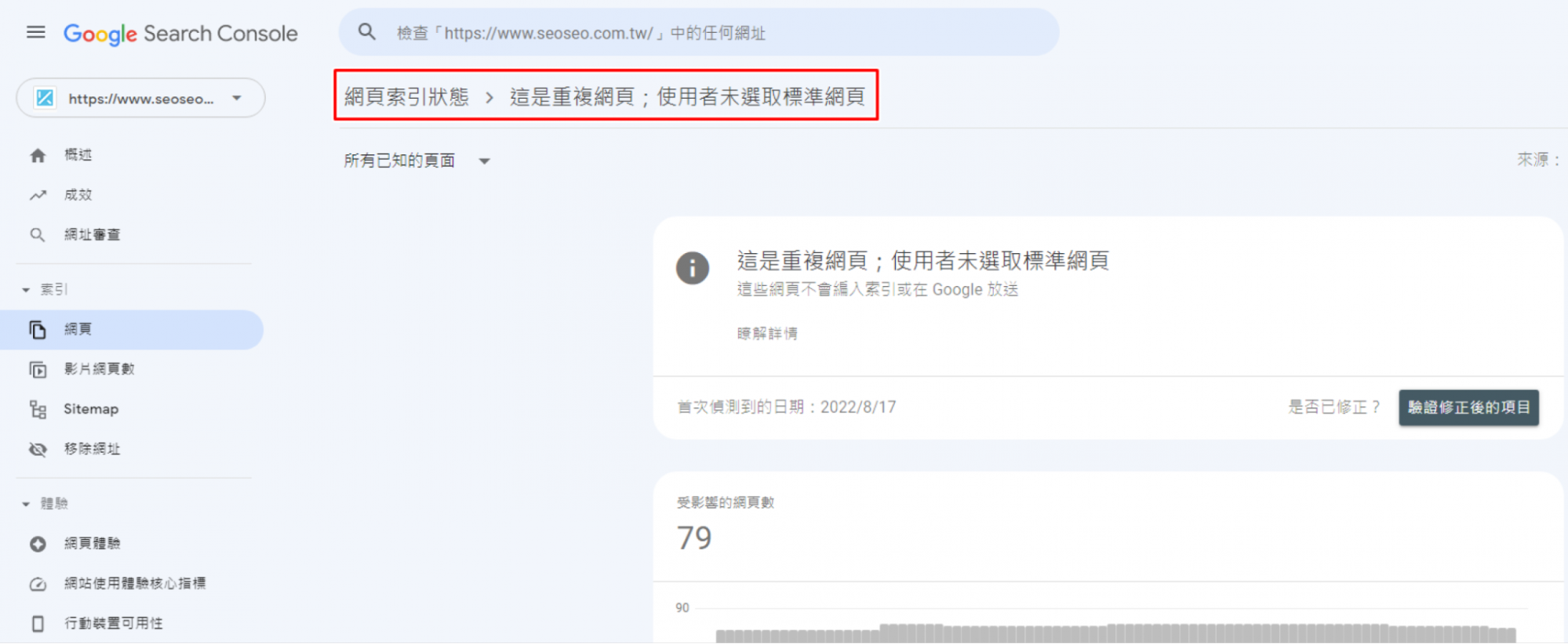 Google Search Console重複網頁的截圖