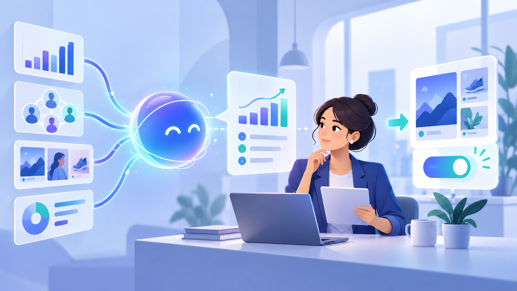 Meta AI 讀取廣告資料並整理洞察,企業或代理商檢視後回到廣告管理工具執行的流程示意圖