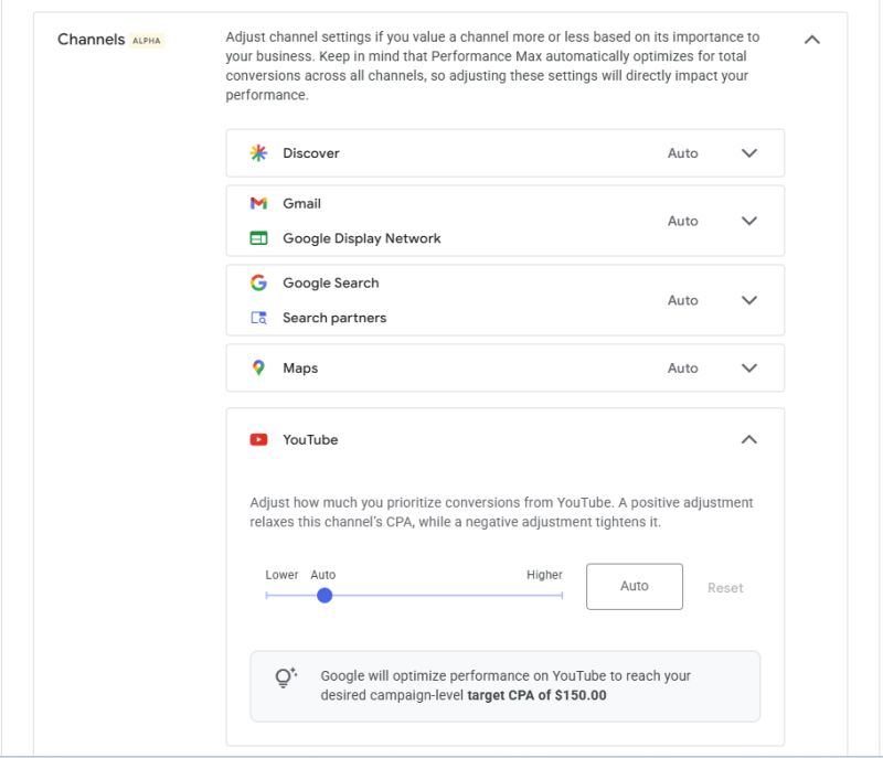 Google Ads Performance Max Channels Alpha 管道優先設定介面